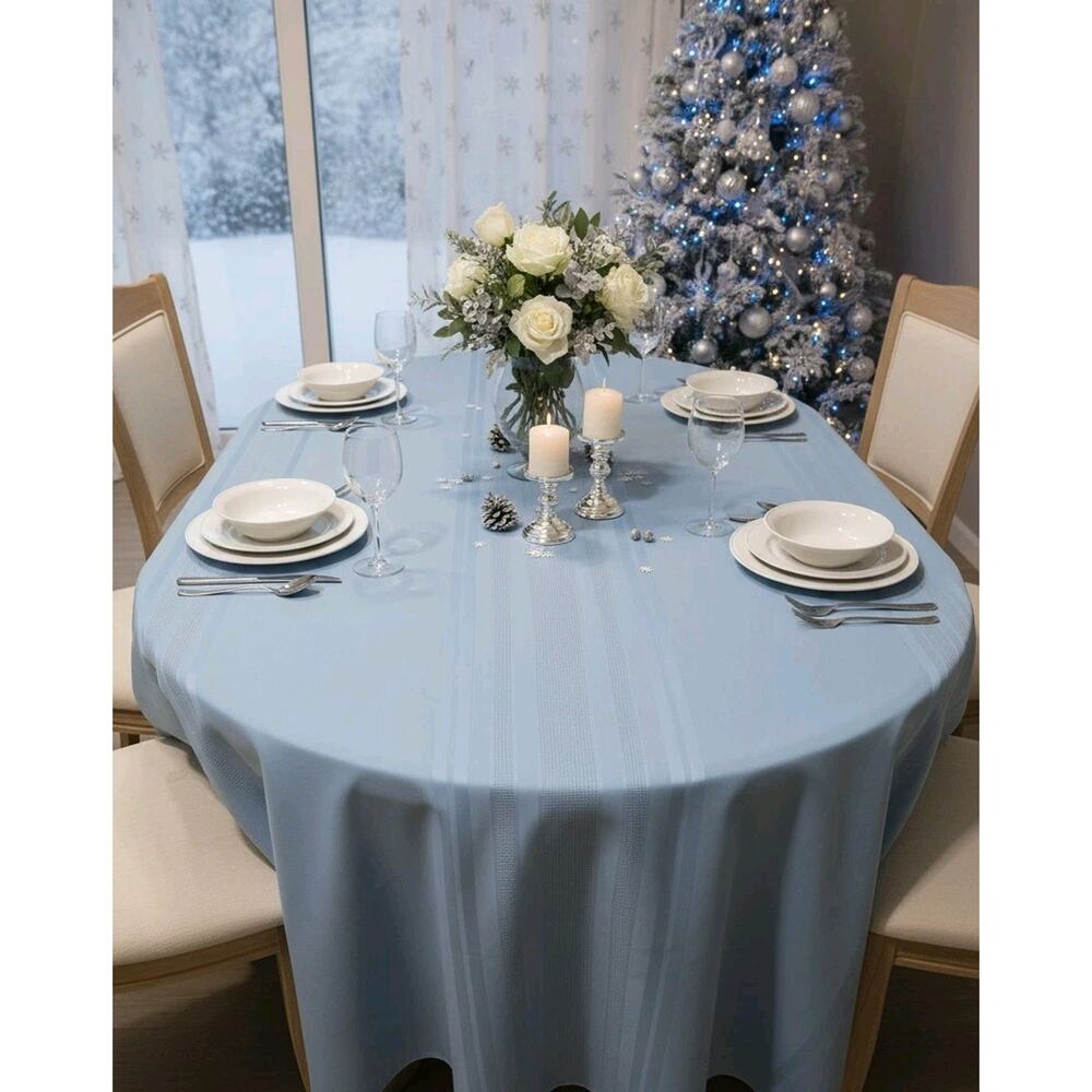 Vtg Blue Striped Retro Classic Kitchen Dining Decor Rectangle Tablecloth 81"x57"